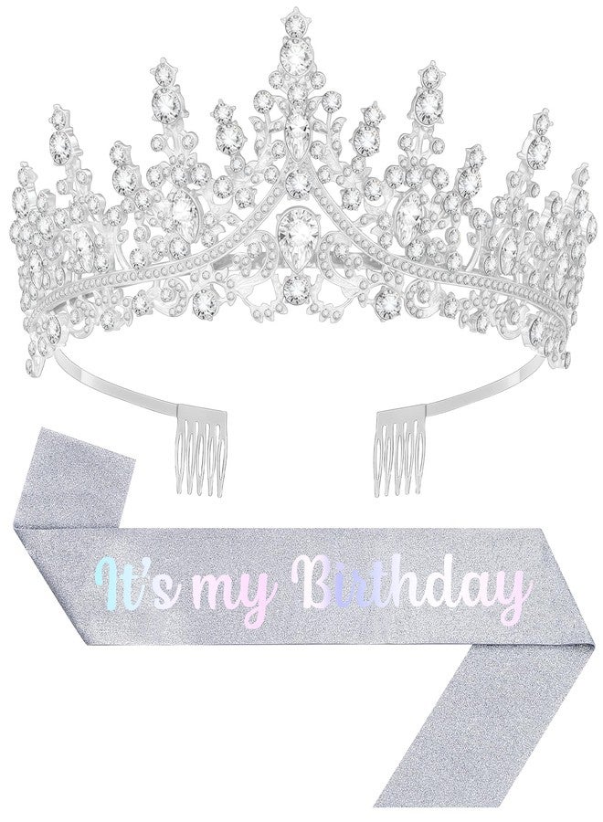 Papoopy Birthday Tiara and Crown with Sash, Birthday Tiara for Women Birthday Party (Silver) - Image 1